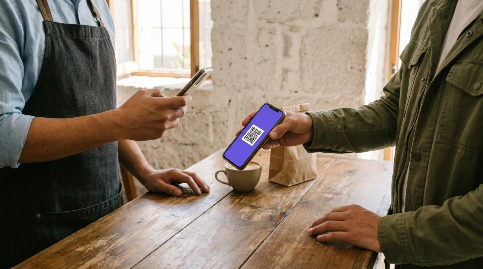 Un membre du personnel scanne avec son téléphone le QR qu'un client lui montre sur le sien, au comptoir