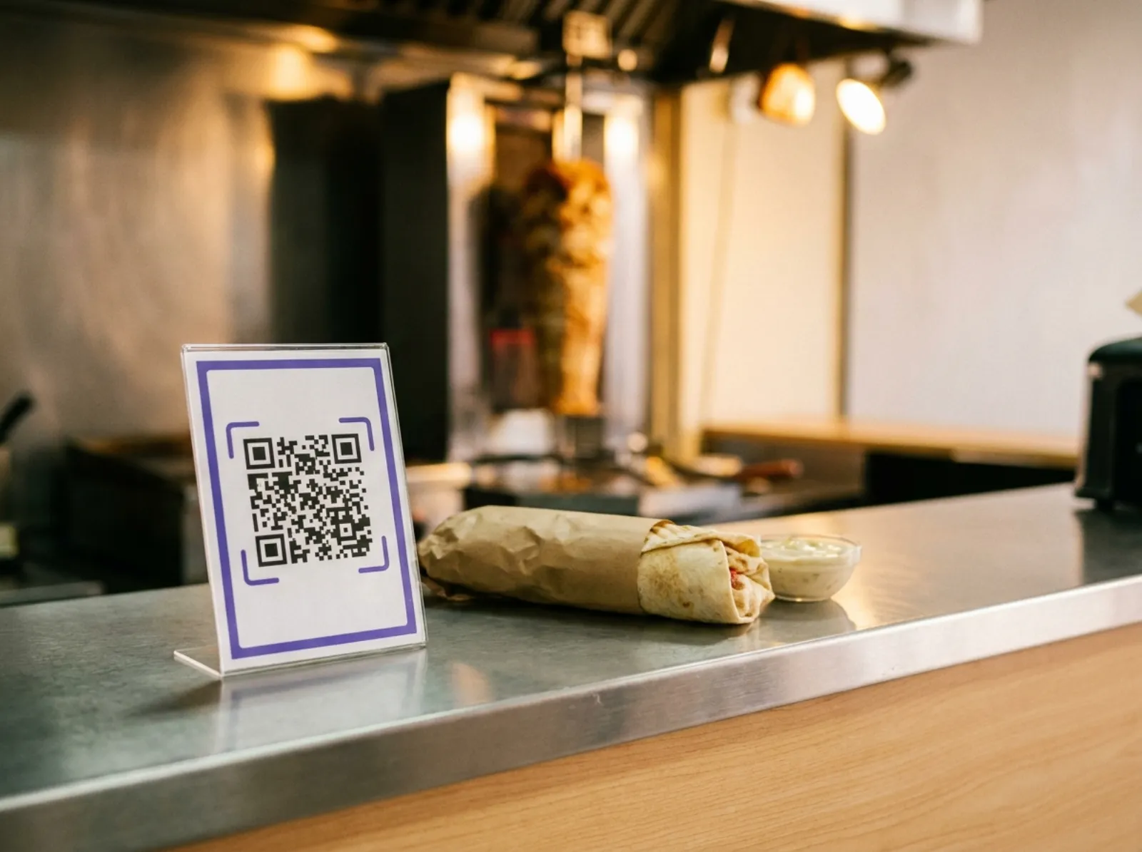 Un QR code imprimé sur le comptoir d'un shawarma, à côté d'un wrap tout juste servi