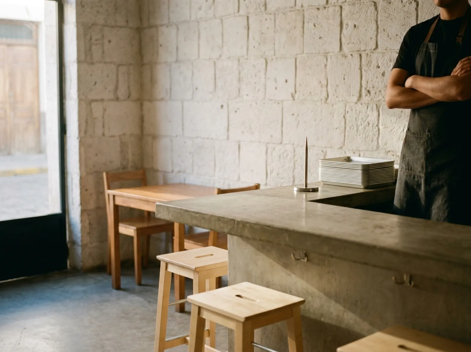 Un restaurant de burgers en milieu d'après-midi, tables vides, le patron qui attend derrière le comptoir