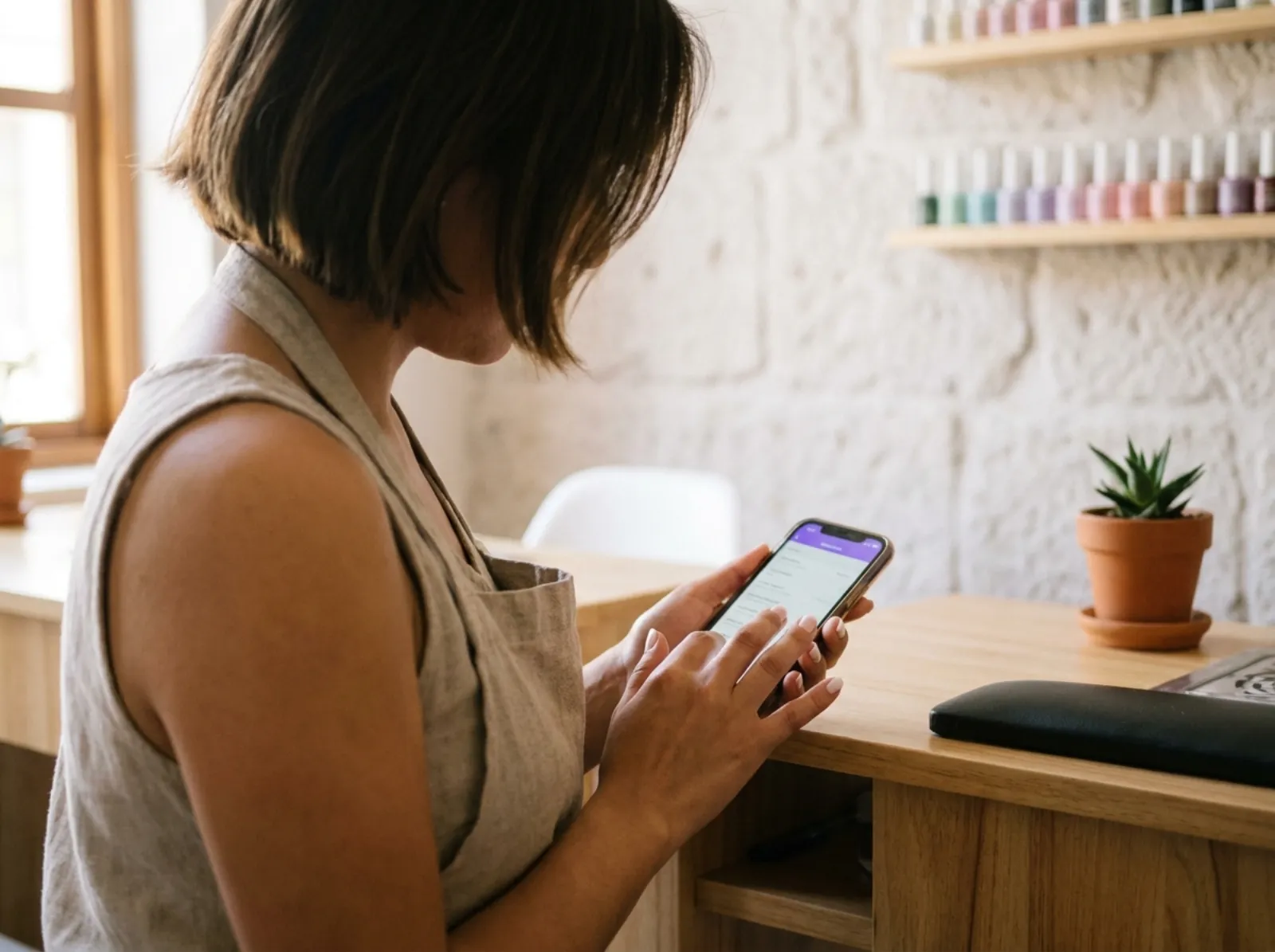 La gérante d'un salon de manucure consulte sur son téléphone la liste des clientes qui ne sont pas venues depuis un moment